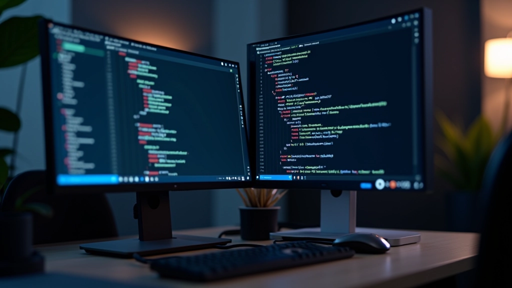 Editor de código mostrando archivo JavaScript con sintaxis de After Effects, monitor con código en pantalla azul
