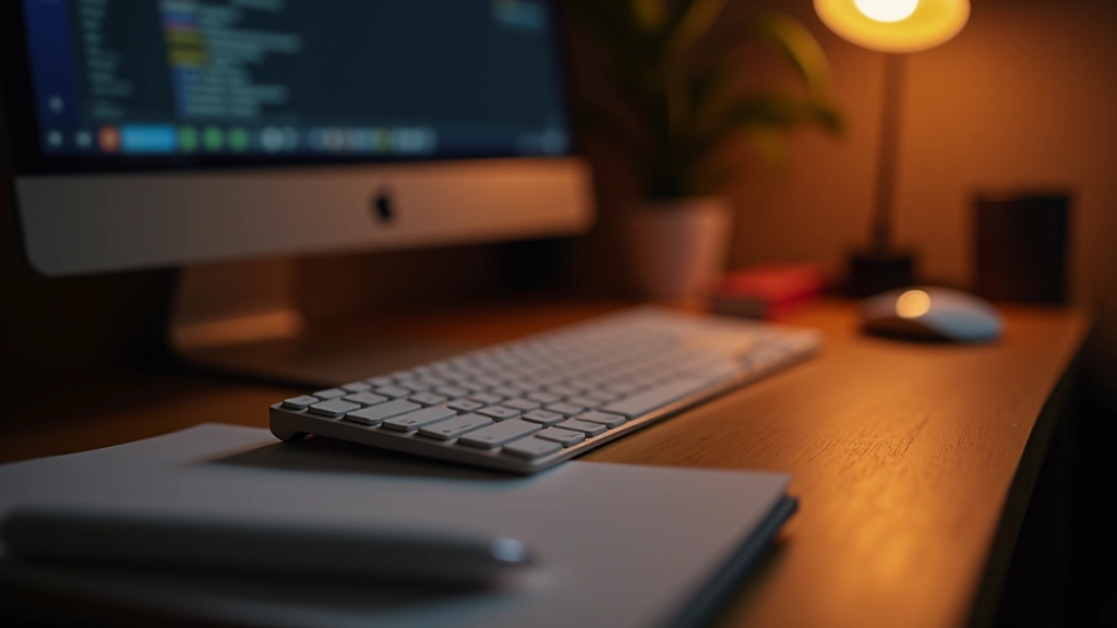 Estación de trabajo de freelancer con teclado, mouse y materiales creativos