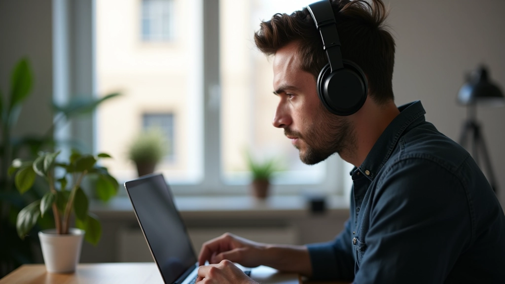 Freelancer con auriculares trabajando en proyecto de After Effects en laptop moderna