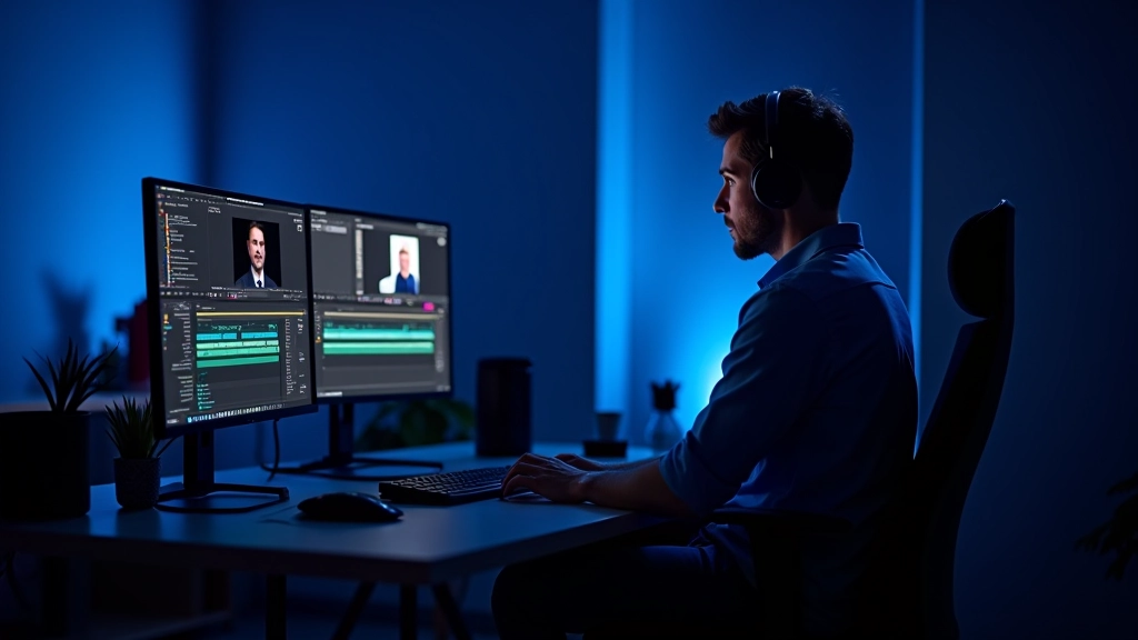 Animador profesional en estudio de edición trabajando con After Effects en monitor dual