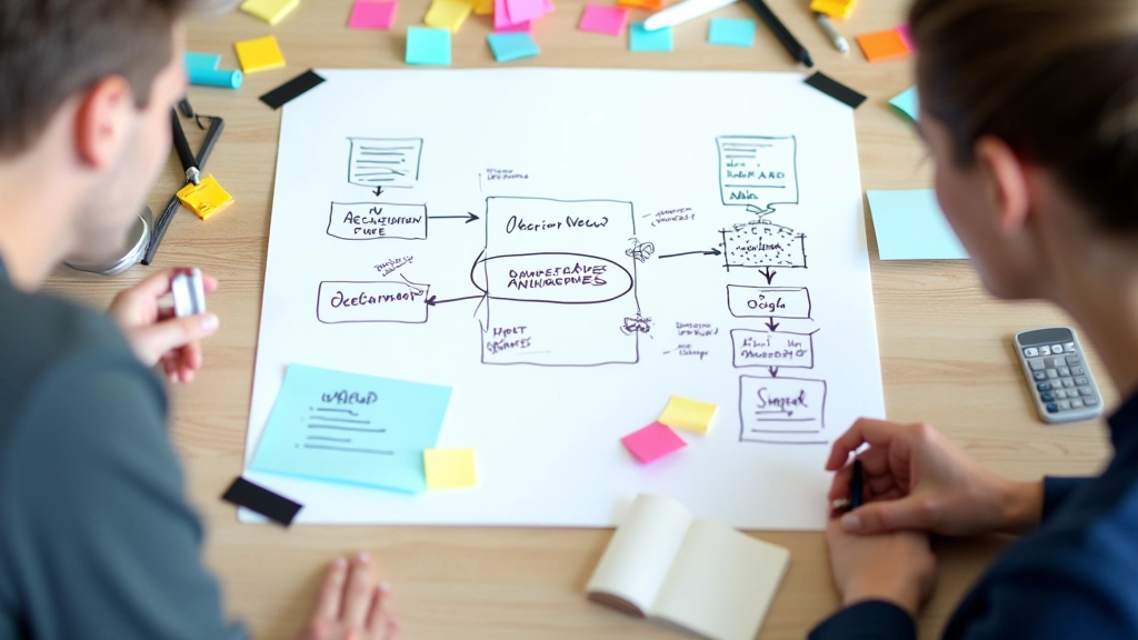 Pizarra con diagrama de flujo de trabajo y notas adhesivas de planificación