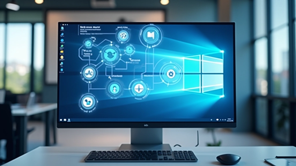 Pantalla de computadora mostrando dashboard con múltiples iconos animados interactuando con datos en tiempo real