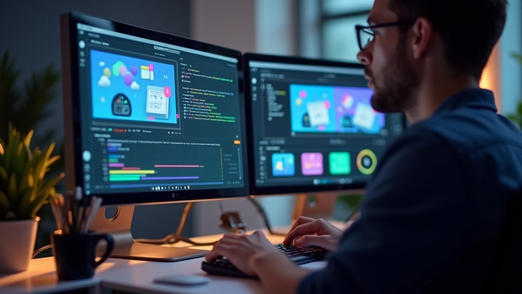 Diseñador trabajando con animaciones de iconos en pantalla de escritorio con software de diseño abierto