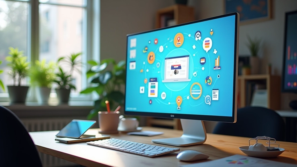 Animaciones de iconos en movimiento en pantalla de computadora con diseños coloridos y fluidos