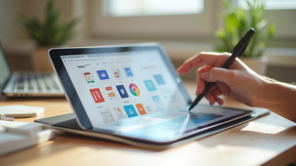 Tableta gráfica con lápiz óptico y diseños de pictogramas coloreados en pantalla táctil