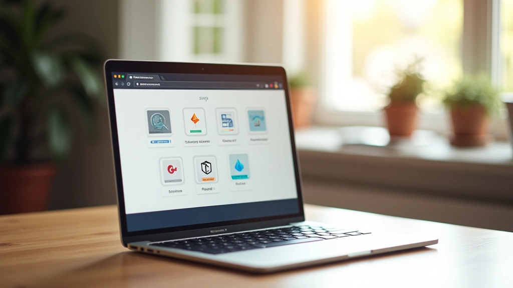 Pantalla de laptop mostrando navegación con iconos animados SVG en un sitio web profesional